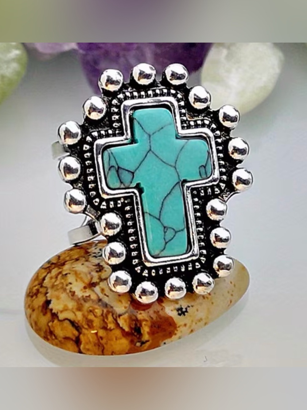 Western Turquoise Cross Statement Ring Silver-Tone Jewelry Cowgirl Ring